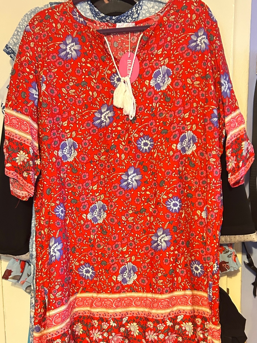 Alife Red Floral Peasant Lightweight Summer Dress with Pink Accents